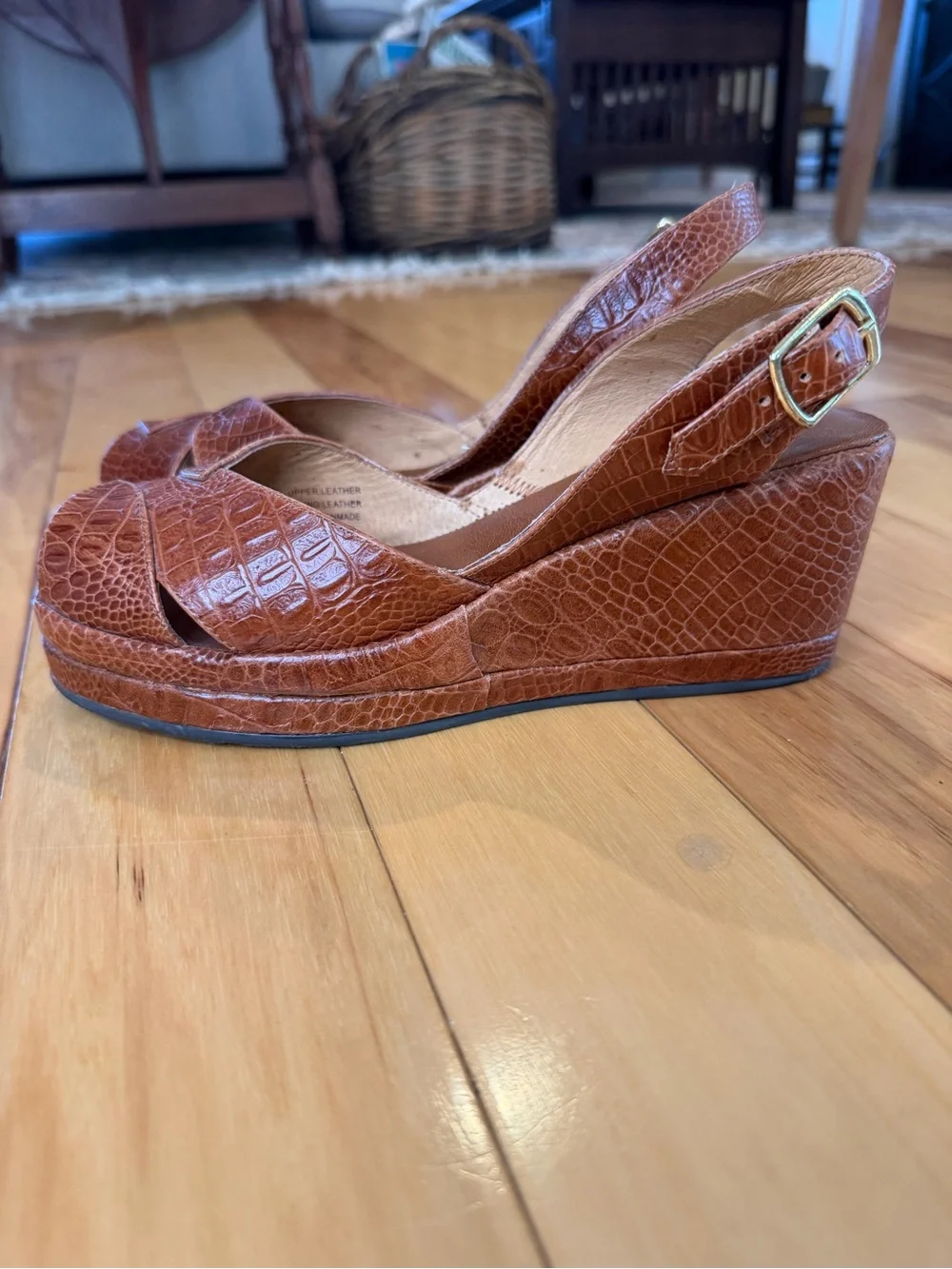 Re-Mix Women's Brown Croc-Embossed Leather Wedge Slingback Peep-Toe Shoe